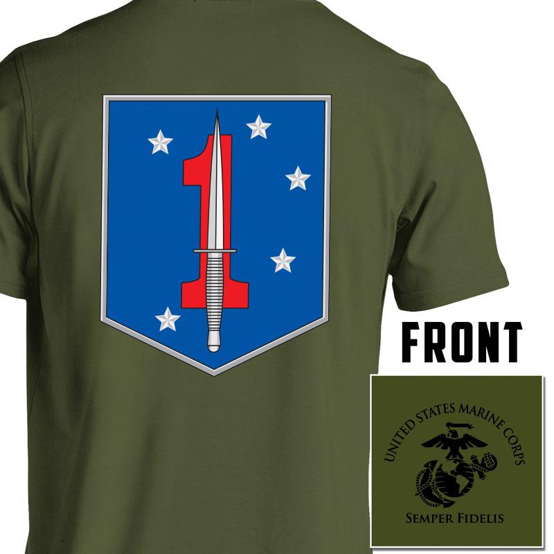 1st MSOB USMC Unit T-Shirt, 1st MSOB logo, USMC gift ideas for men, Marine Corp gifts men or women 1st MSOB 1st Marine Raider Bn  OD green PT