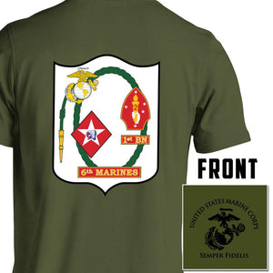 1st Bn 6th Marines USMC Unit T-Shirt, 1st Bn 6th Marines logo, USMC gift ideas for men, Marine Corp gifts men or women od green pt shirt