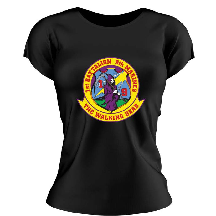 1st Bn 9th Marines Women's Unit Logo T-Shirt, 1/9 Marines logo, 1st Bn 9th Marines USMC