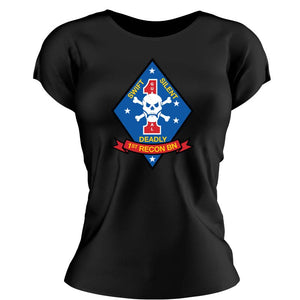 1st Recon Bn Unit Logo Black Short Sleeve Women's T-Shirt, 1st Reconnaissance Battalion Unit Logo Black Short Sleeve Women's T-Shirt