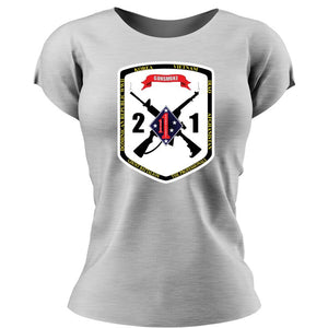 Second Battalion First Marines,  (2/1) Marines USMC Unit ladie's T-Shirt, 2/1 USMC Unit logo, USMC gift ideas for women, Marine Corp gifts for women 2nd Battalion 1st Marines