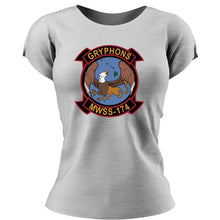 MWSS-174 USMC Unit ladie's T-Shirt, MWSS-174 logo, USMC gift ideas for women, Marine Corp gifts for women Marine Wing Support Squadron 174 Heather Grey